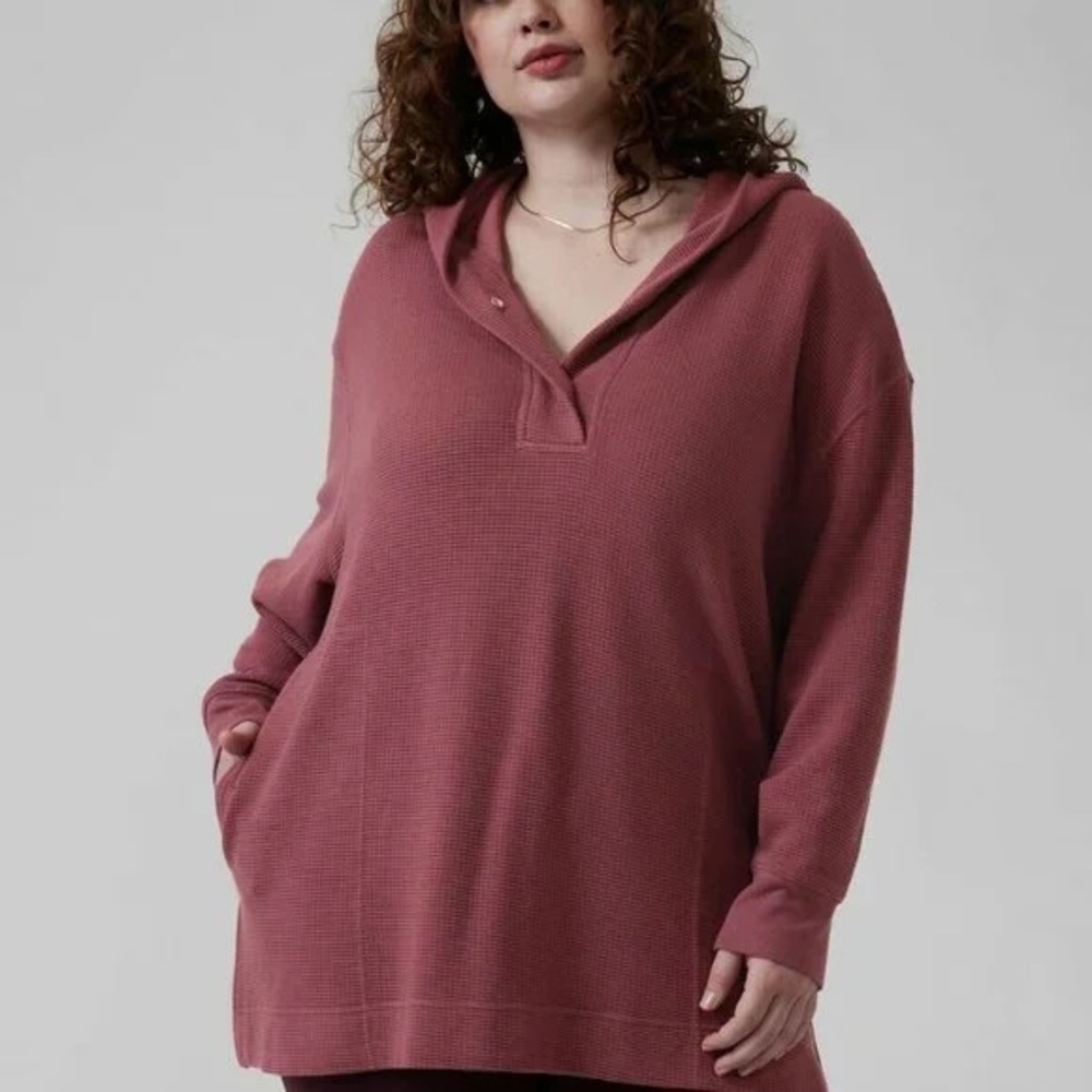 Athleta size 2X Mauve Coaster Luxe Waffle Hoodie Pullover Tunic Top Knit Pink